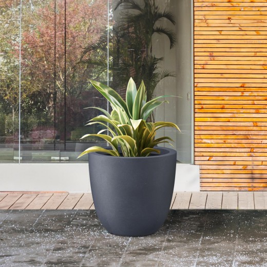 RC-1001 dark gray round GFRC planter used with foliage beside a contemporary glazed entrance